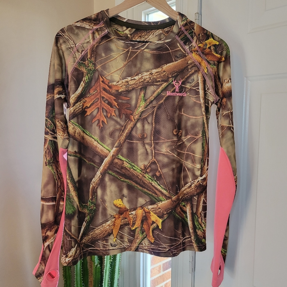 Huntworth Camo Camouflage Pink Accent‎ Longsleeve Tshirt, Size Womens S